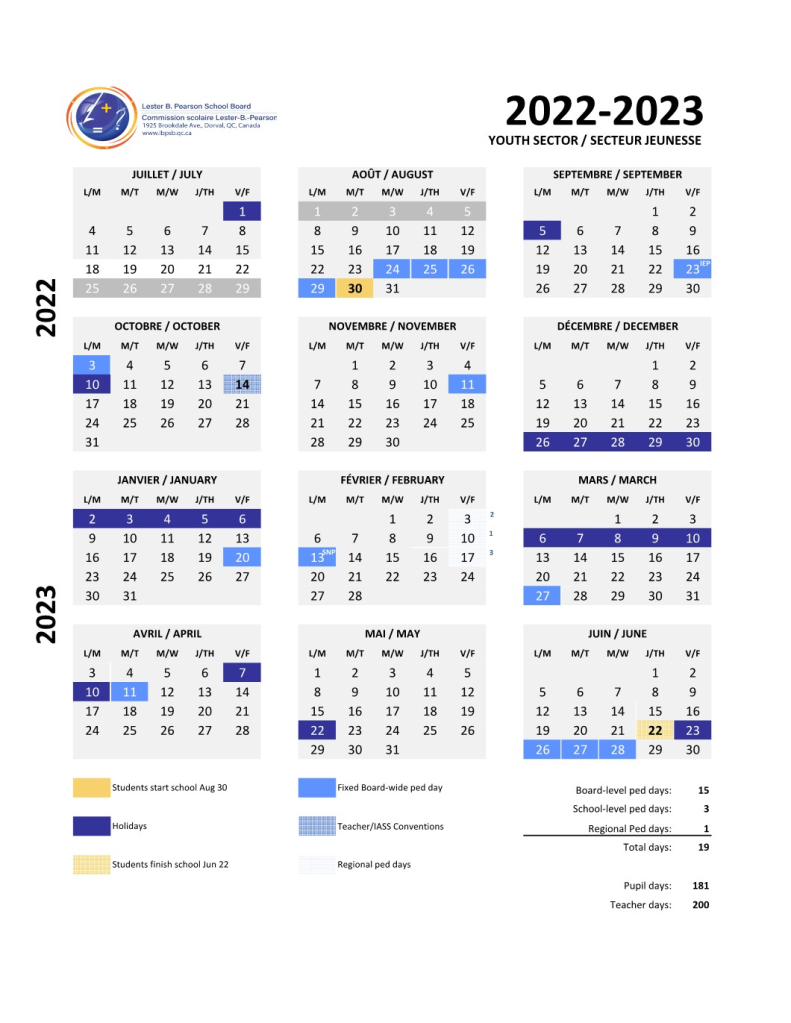 Academic calendar - LBPSB - Lester B. Pearson School Board