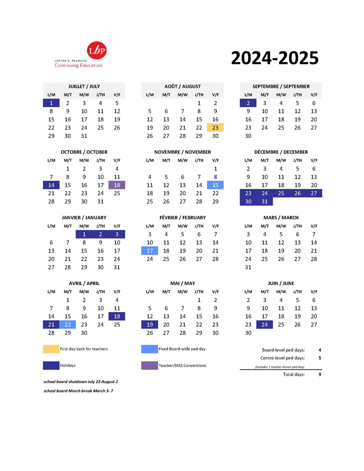 Academic Calendars Lester B. Pearson School Board